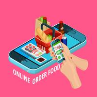 Cartel de comercio electrónico isométrico de pedidos de alimentos en línea