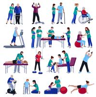 Rehabilitación de fisioterapia personas colección de iconos planos vector