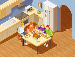 Family Dinner In Kitchen Isometric Image vector