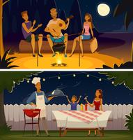 Night Barbecue Party Cartoon Retro Banners  vector