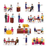 Restaurant People Situations Flat Icons Set 