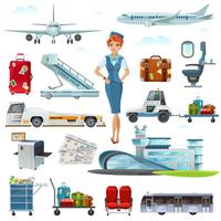 Conjunto de iconos planos de accesorios de vuelo de aeropuerto
