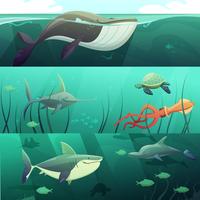 Underwater Life  Retro Cartoon Banners Set 