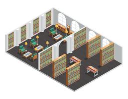 Librería y biblioteca interior isométrica vector