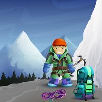 Cartel de fondo de personaje de dibujos animados de escalador de montaña vector