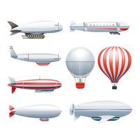Dirigible Airship White Red Icons Set  vector