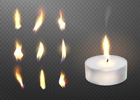 Burning realistic 3d candle light and different flame of a candle icon set. vector