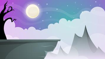 Paisaje de dibujos animados de noche de viaje. Árbol, montaña, cometa, estrella, moo vector