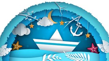 Sea paper landscape. Ship illustration. vector