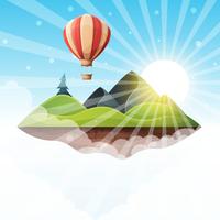 Cartoon island landscape illustration. Fir, mountain, sun, hill, vector