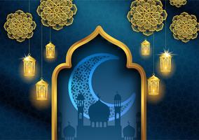 ramadan kareem or eid mubarak islamic greeting card design with gold lantern and crescent moon vector