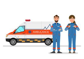 ambulance medical service carrying patient with man and woman staff vector