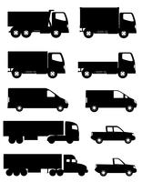 set of icons cars and truck for transportation cargo black silhouette vector illustration