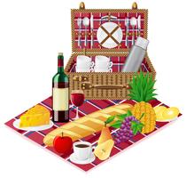 basket for a picnic with tableware and foods vector