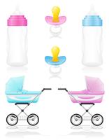 set icons perambulator bottle pacifier pink and blue vector illustration