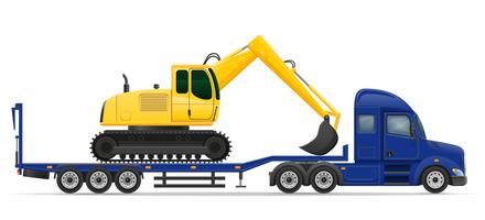 truck semi trailer delivery and transportation of construction machinery concept vector illustration