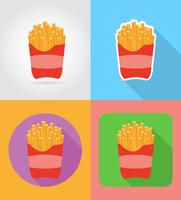 Iconos planos de comida rápida de patatas fritas con la ilustración de vector de sombra