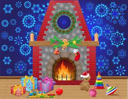 Sala de chimenea con regalos navideños y decoraciones. vector