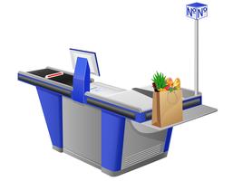 Terminal registradora y bolsa de compras con alimentos. vector