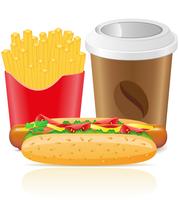 hotdog fries potato and paper cup with coffee vector