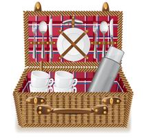 basket for a picnic with tableware vector