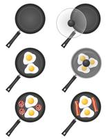 establecer iconos huevos fritos en una ilustración de vector de sartén