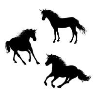 A set of unicorn silhouettes in motion with a beautiful mane.