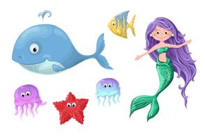 Un conjunto de divertidos dibujos animados lindos habitantes náuticos - una sirena, una ballena, un pez, una estrella de mar y medusas. vector