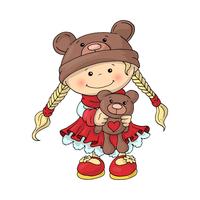 A cute little girl in a teddy bear hat in a smart red dress, with a teddy bear in her hands.