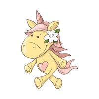 Magic cute unicorn, walking on the rainbow, doodle nursery art vector