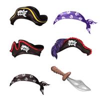 Sombreros pirata de dibujos animados, bufandas con calaveras y un cuchillo. vector
