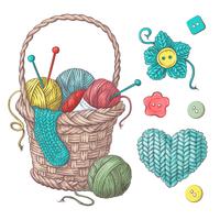 Conjunto para canasta artesanal con bolas de hilo, elementos y accesorios para crochet y tejido.