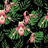 Vector hand drawn seamless pattern with stylized orchid branch for your design on the black background