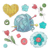 Conjunto para bola de hilo artesanal y accesorios para crochet y tejido. vector