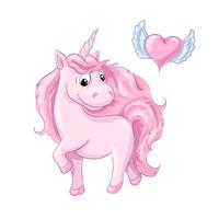 Sweet cartoon character pink unicorn and heart with wings. vector