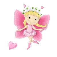 Personaje de dibujos animados bonito una muchacha de la mariposa en una guirnalda de flores y un vestido rosado. vector