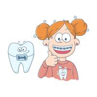 Arte sobre el tema de la odontología infantil. Dientes con tirantes. vector