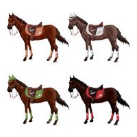 Conjunto de caballos de diferentes trajes en diferentes municiones para saltar - silla de montar, gorra, brida, cabestro, wagtrap, estampado. Sin jinete. vector