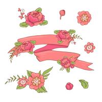 Vintage Floral Ribbon. Hand drawn doodle Banner with Wild Flowers. vector