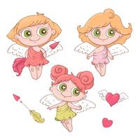 Conjunto de dibujos animados lindos ángeles para el día de San Valentín con accesorios vector