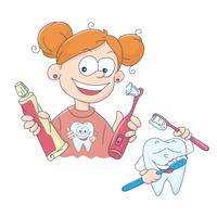 Vector illustration of a little girl brushing her teeth