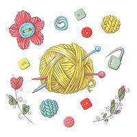 Conjunto para bola de hilo artesanal y accesorios para crochet y tejido. vector