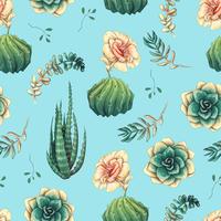 Hand drawn decorative seamless pattern with cacti and succulents vector