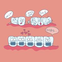 Art on the topic of children's dentistry. Teeth with braces. vector