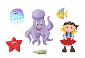 Conjunto de divertidos dibujos animados lindos niños de piratas y habitantes del mar. vector