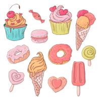 Conjunto de dulces de dibujos animados lindo para el día de San Valentín con accesorios. vector