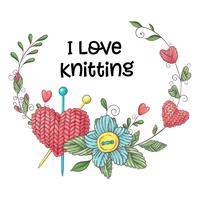 Simple illustration with knitting needle, knitting and english text. I love knitting, poster design. Colorful background.