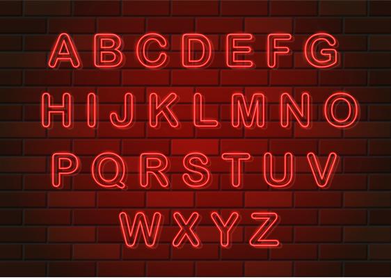 glowing neon letters english alphabet vector illustration