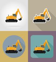 excavator for road works flat icons vector illustration