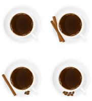 taza de café con palitos de canela, grano y frijoles, vista superior, ilustración vectorial